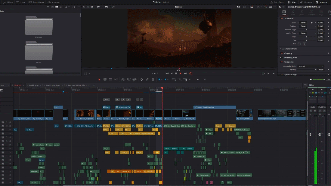 Timeline view of DaVinci Resolve showing how the short film was edited