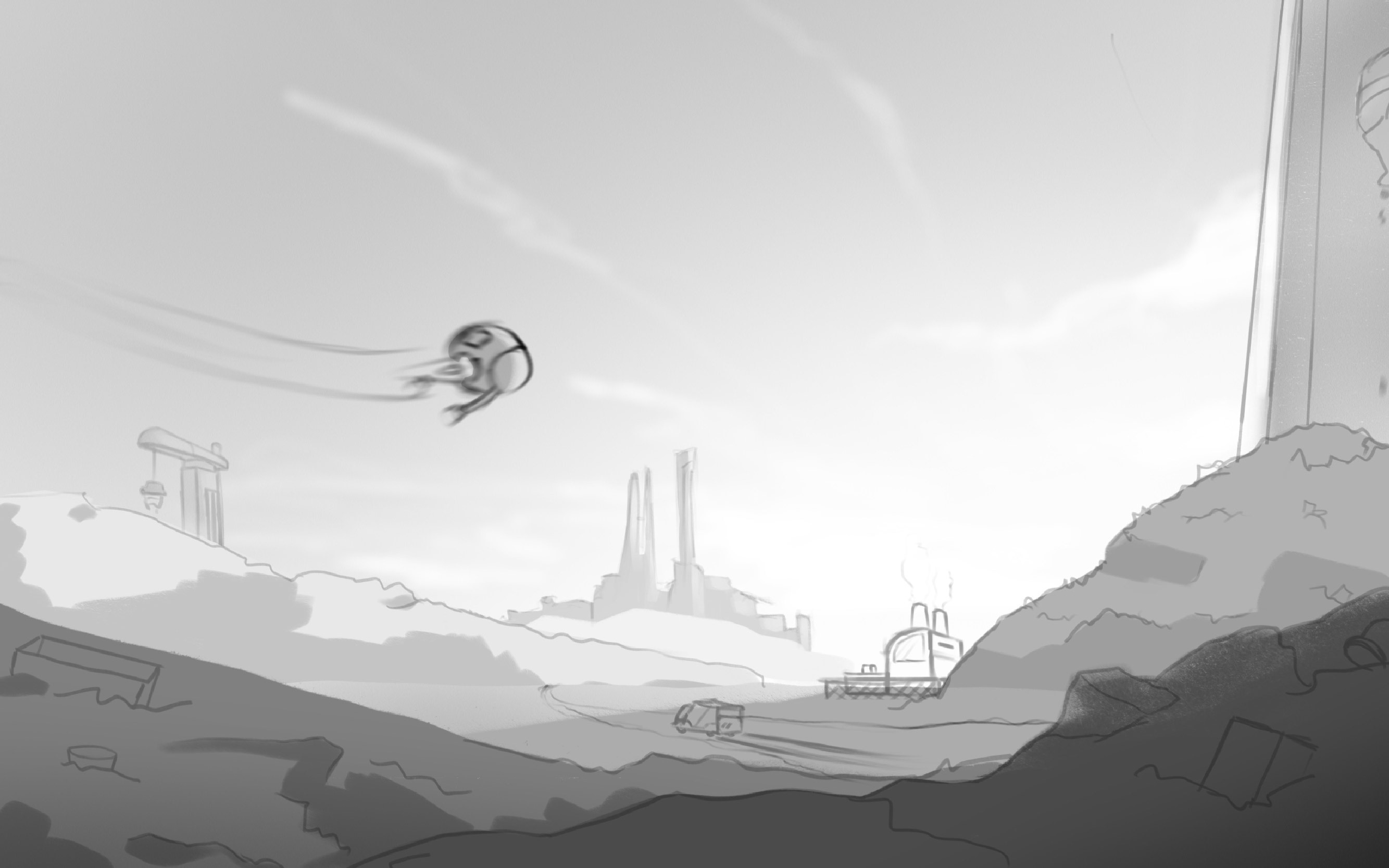 Rough sketch of a junkyard with piles of scrap metal, a cityscape on the horizon, and an object flying through the air
