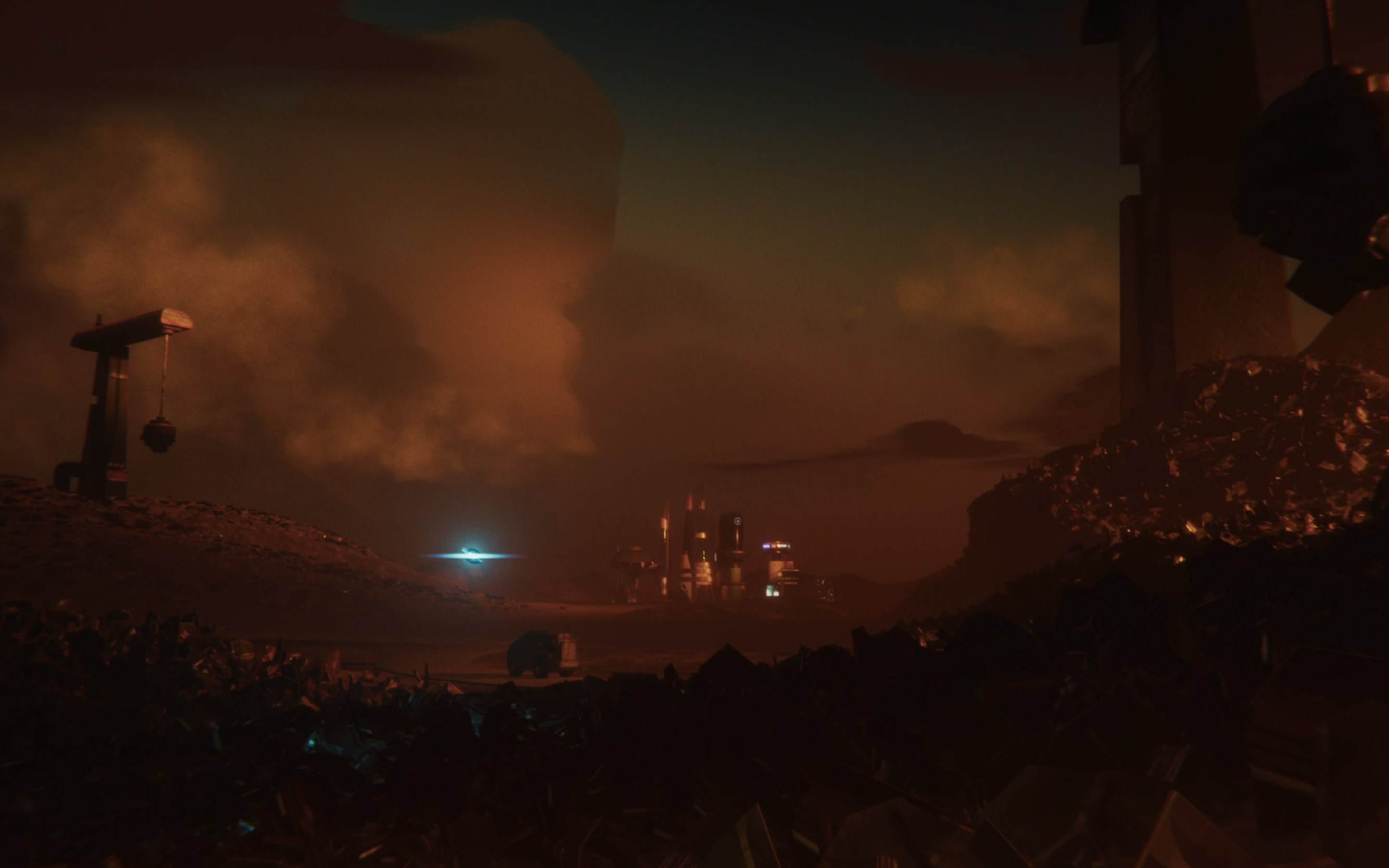 Fully illustrated 3D scene showing a junkyard at dusk with piles of scrap metal, a city on the horizon, and Zestron the robot flying through the air